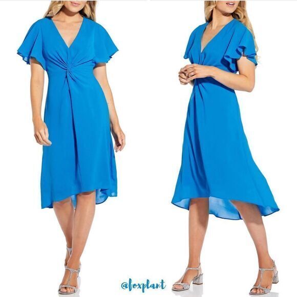 ADRIANNA PAPELL Blue Twist Front High low Flutter‎ Sleeve Fit Flare Dress, 14W - Picture 1 of 16